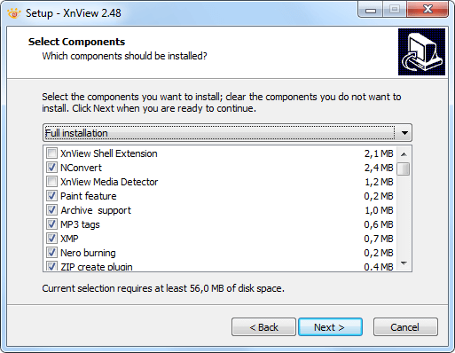 Выбор для установки компонентов XnView для Windows