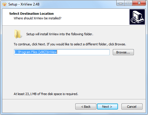 Выбор папки инсталляции XnView для Windows